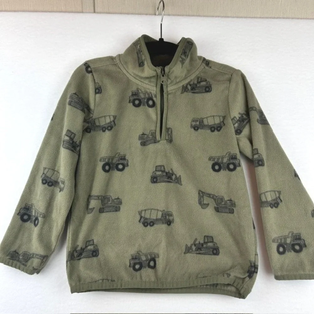 The Childrens Place Boys Olive Green Construction Vehicle Fleece Quarter Zip 5T